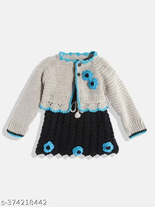 Woollen Hand Knitted Frock With Shrug- Black