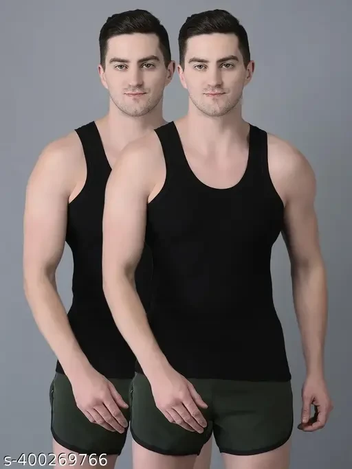 Dollar Men's Solid Round Black Innerwear Vests Pack of 2