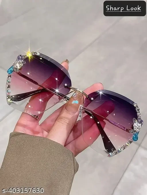 SHARP LOOK Golden Frame Rimless Diamond Cutting Lens with Stone Pink & Purple Sunglasses for Men and Women Stylish Shades for Women Premium Gift Item